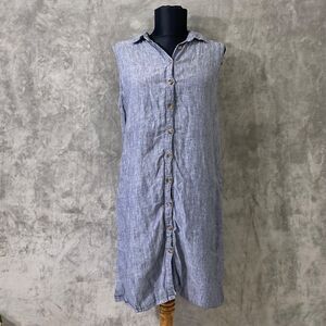 ADRIENNE VITTADINI Dress Medium Blue 100% Linen Sleeveless Button Up Lagenlook